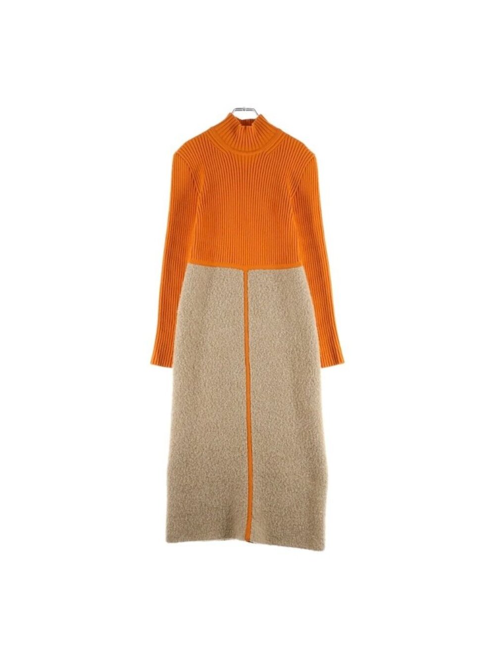 Hermes High Neck Dress Knit Fleece Bicolor Orange Beige